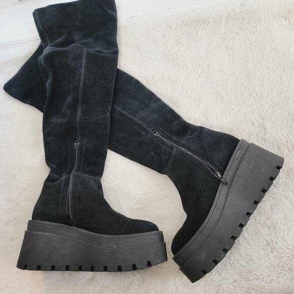 NEW Free People London Calling Black Suede Leather Wedge Platform Tall Boot - Picture 1 of 12